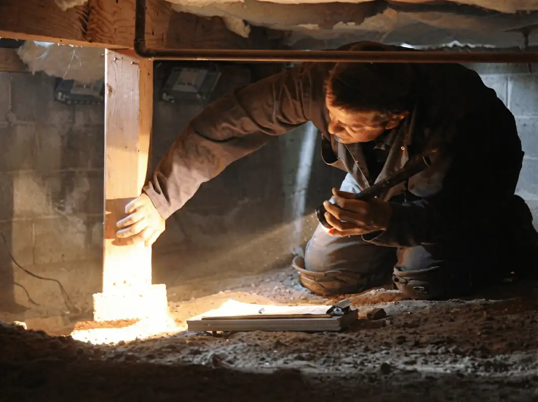 A professional inspecting wooden beams under the floor of a structure in Pueblo, CO